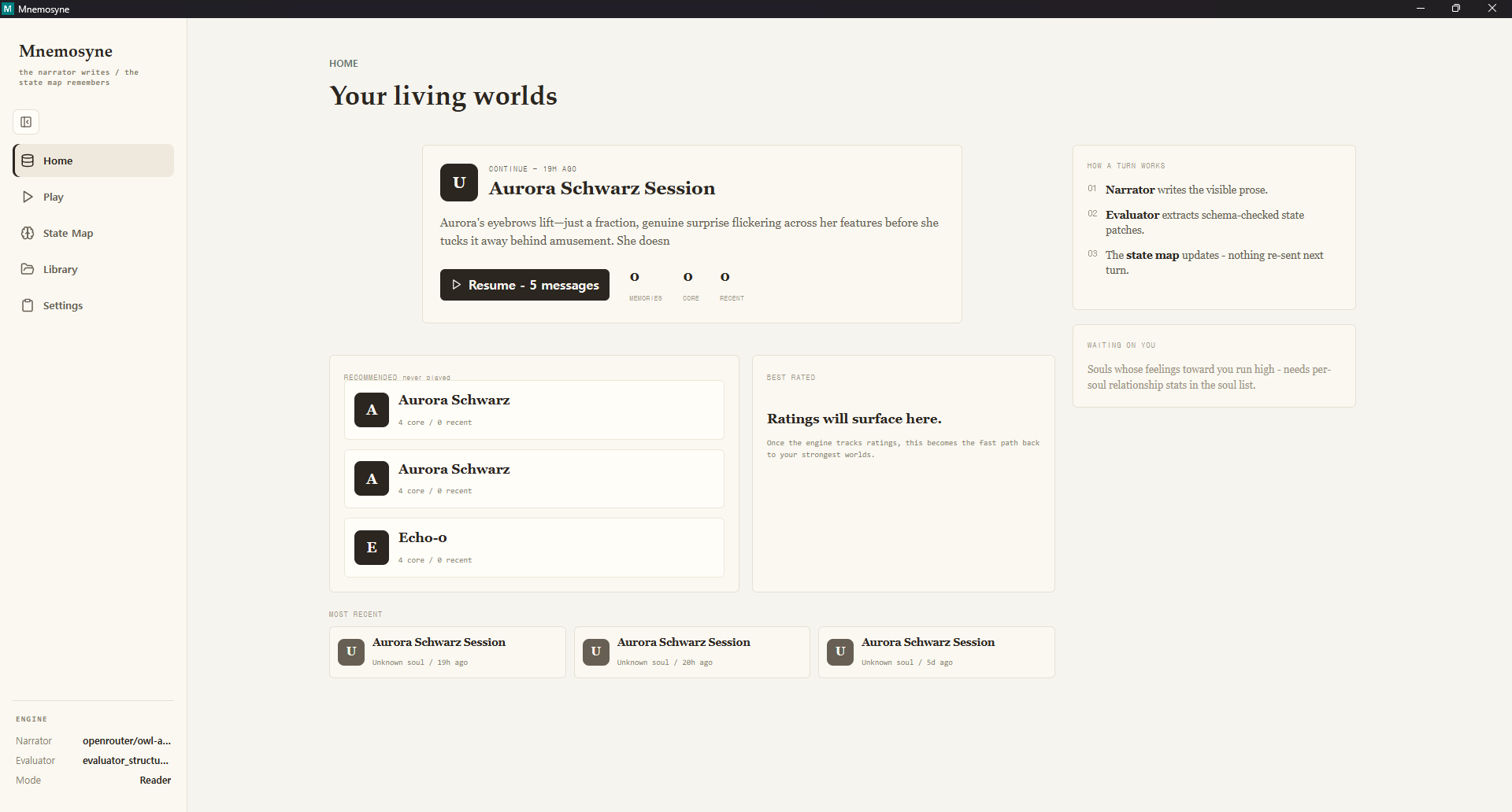 Mnemosyne home dashboard showing living worlds, recent sessions, and engine status.